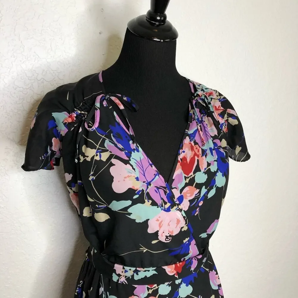 Yumi Kim black floral faux wrap dress size Small